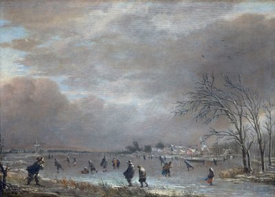 Winterlandschaft mit Schlittschuhläufern auf einem zugefrorenen Fluss von Aert van der Neer